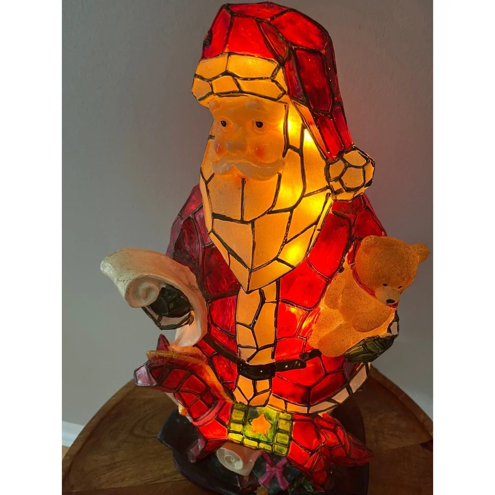 VTG Santa Claus Plastic Luminous Lighted Christmas Figure w/Faux Stain Glass 19